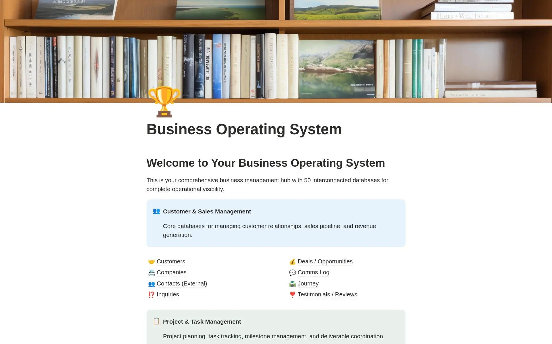 A Business Operating System workspace built in Notion, showing how one business runs