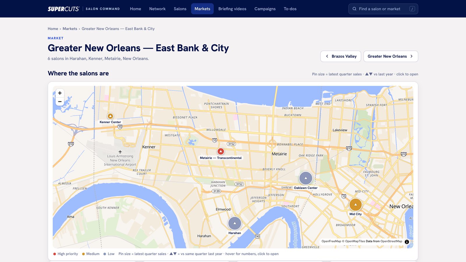 A market page with a map of six salons and a ranked table.
