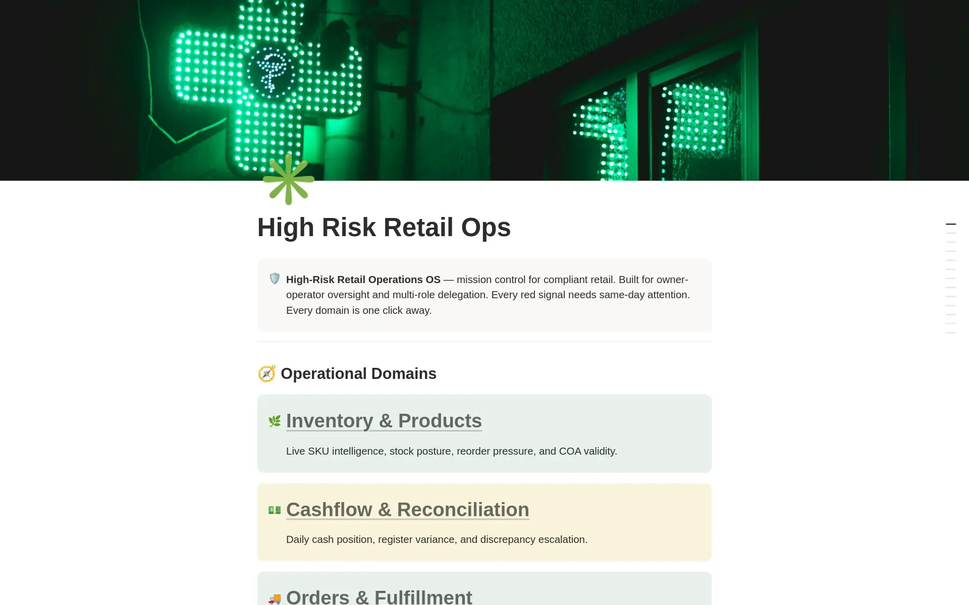 High Risk Retail Ops Notion workspace dashboard