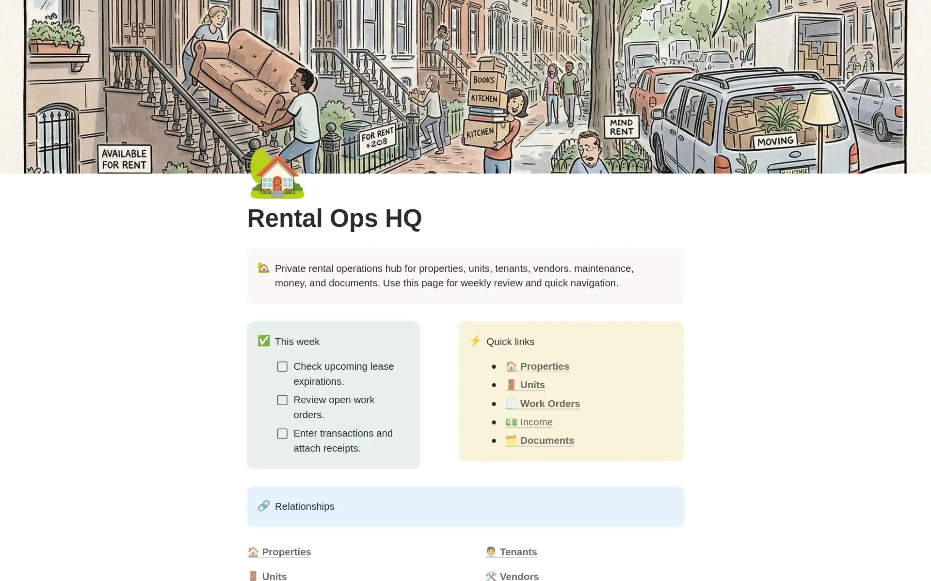 Rental Ops HQ Notion workspace dashboard