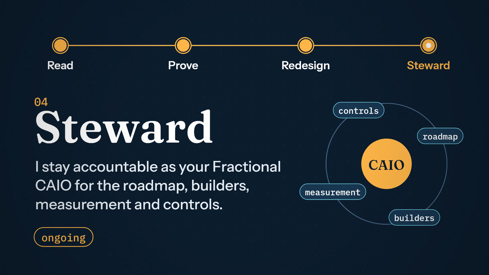 Steward: continuing accountability for the roadmap, builders, measurement and controls.