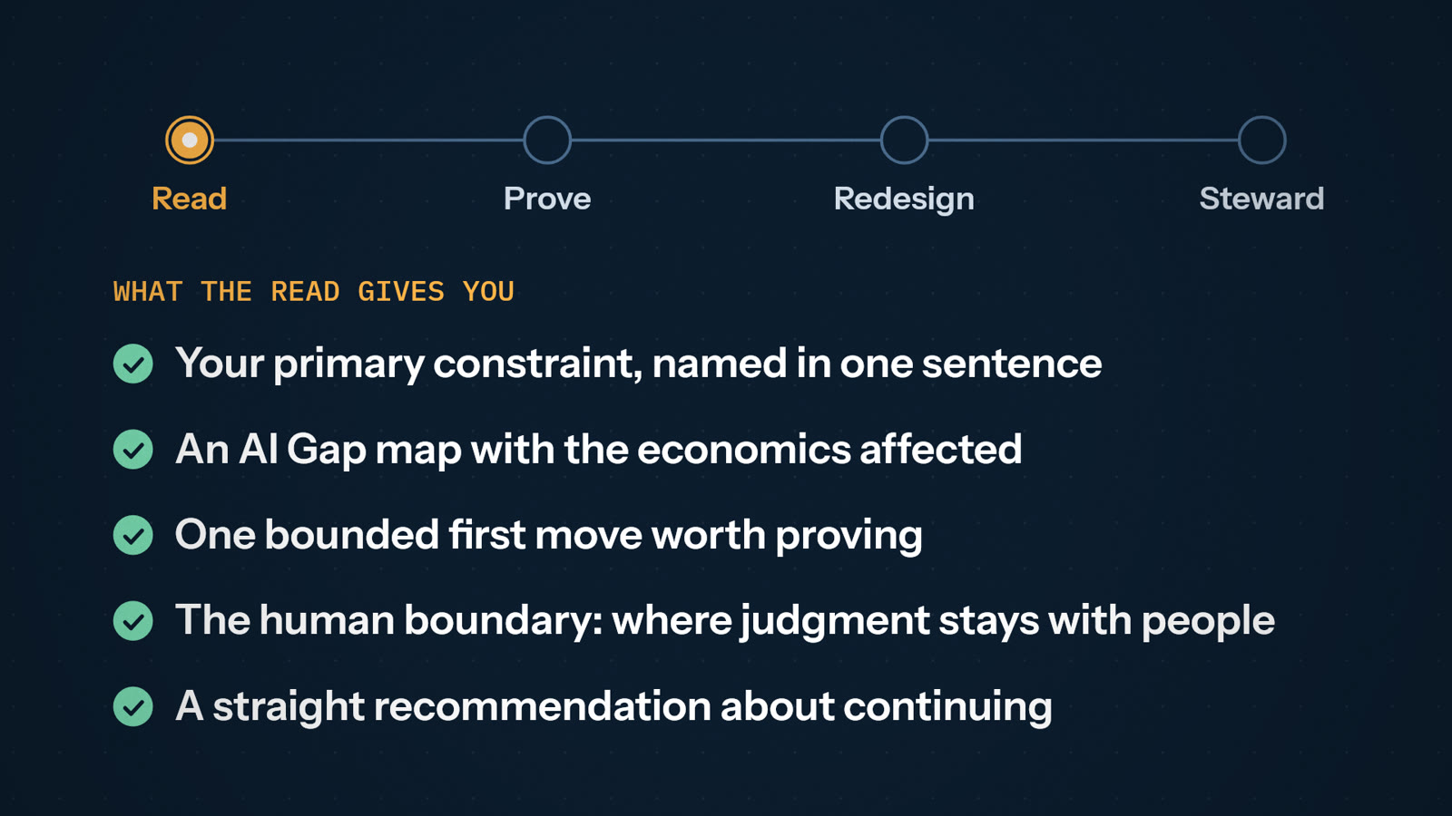 What the read gives you: the primary constraint, an AI Gap map, one bounded first move, the human boundary and a straight recommendation about continuing.