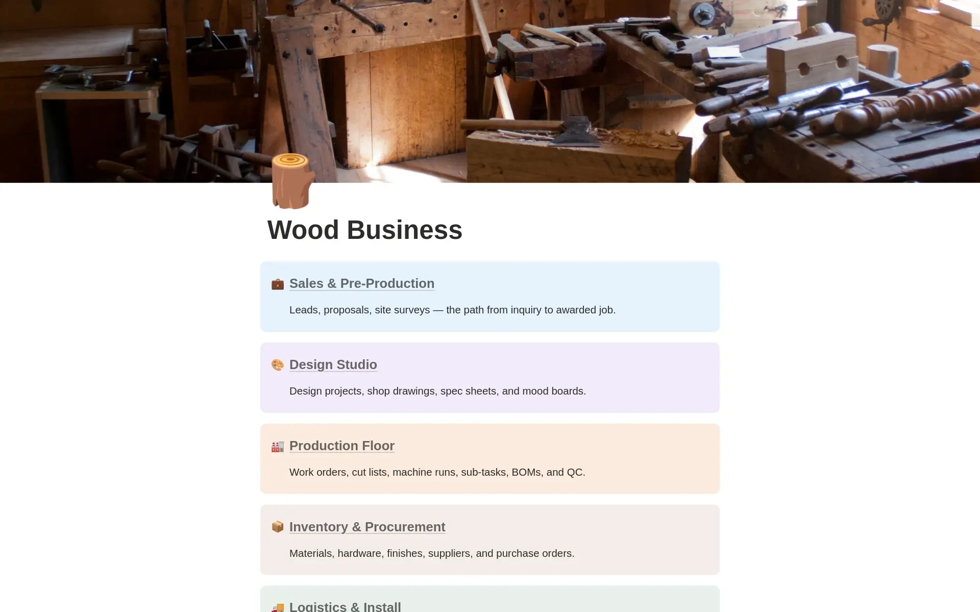Wood Business OS Notion workspace dashboard